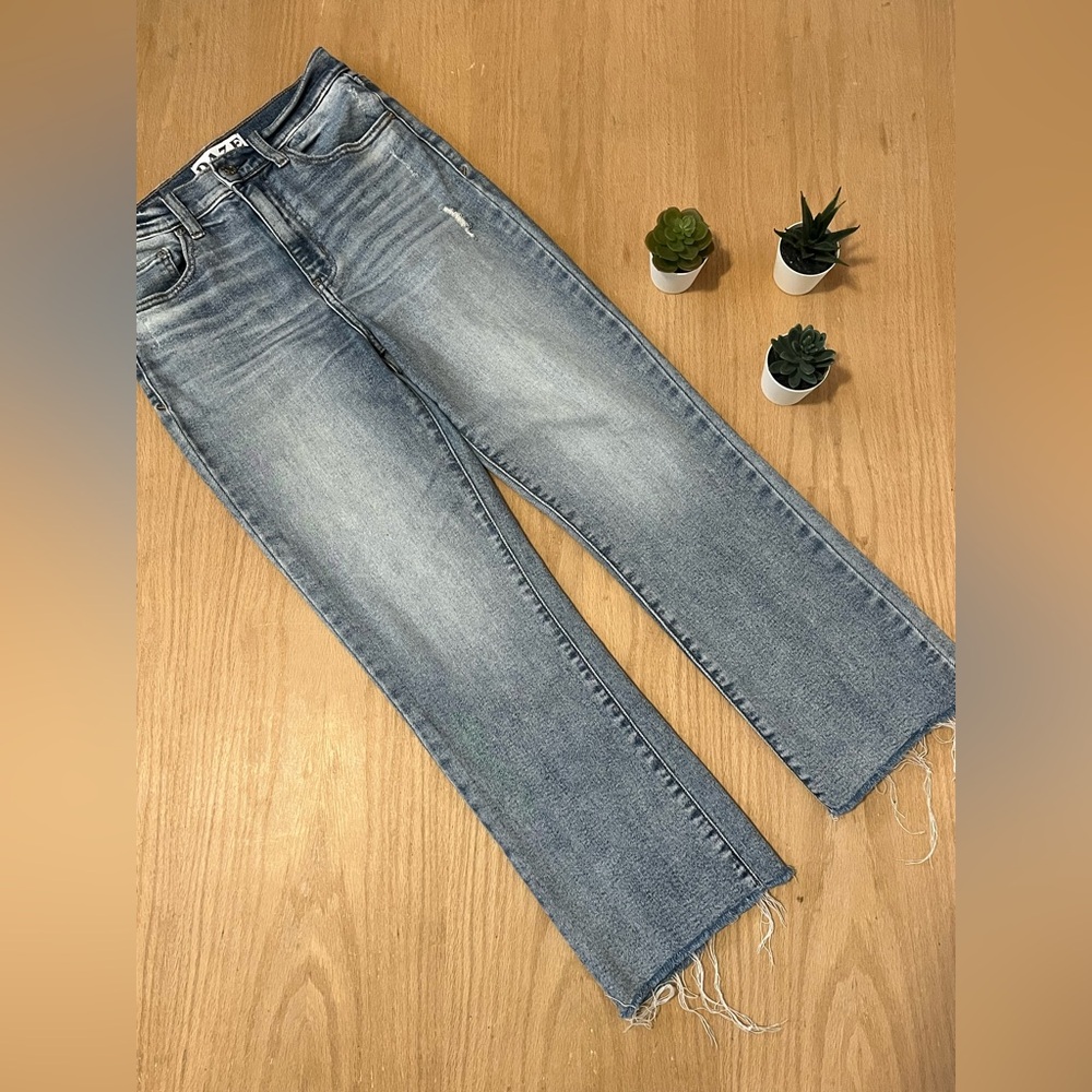 DAZE High Waisted Straight Leg Raw Hem Jeans